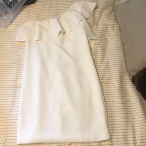 One shoulder, white shift mini dress.